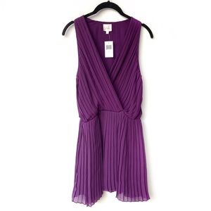 PARKER Purple Pleated Faux Wrap Sleeveless Dress